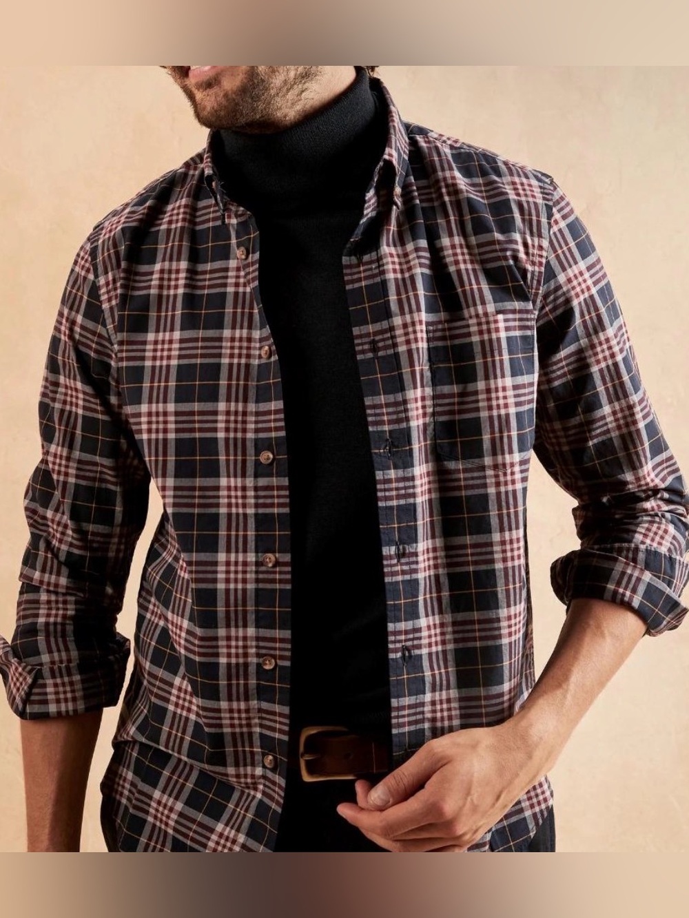 Banana Republic Menโs Untucked Fit Plaid Button Down Shirt Navy Red Large NWT